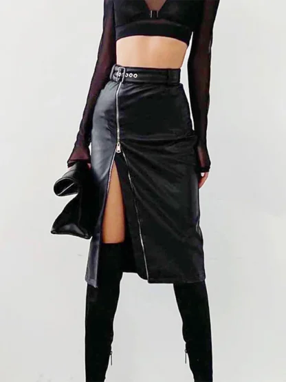 Zippered Slit Midi Skirt
