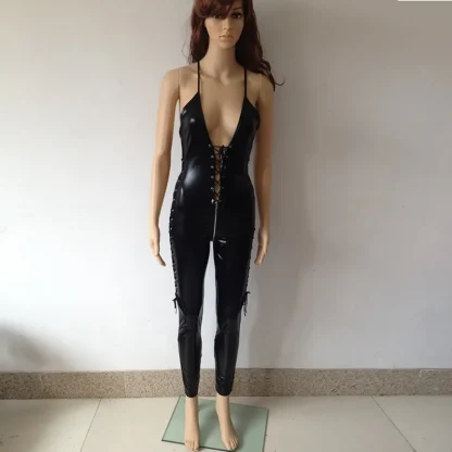 V-neck Lace-up Black Catsuit - Image 3