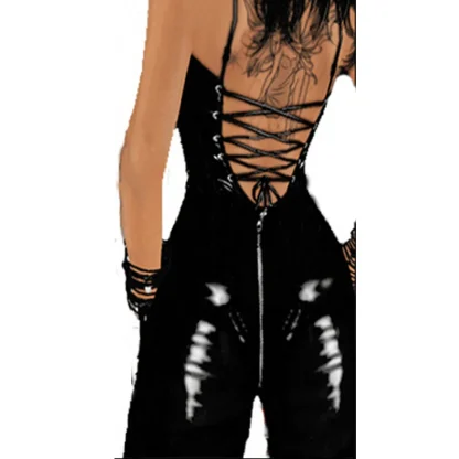 V-neck Lace-up Black Catsuit - Image 2