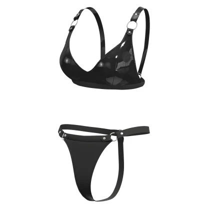 Wet Look Black Lingerie Set - Image 2